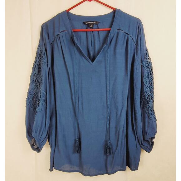 Zac and Rachel Woman blue gauzy crocheted lace skeeve top Size 1X Boho Peasant - Picture 1 of 7